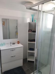 uma casa de banho branca com um chuveiro e um lavatório. em O'CEPAGES em Ambonnay