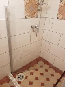 a bathroom with a shower with a floor at Hotel Toscana in Naumburg