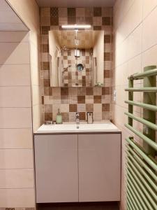 un bagno con un lavandino bianco e uno specchio di Chalet Annecy 200m lac, plage & montagnes ad Annecy Altre 17 foto