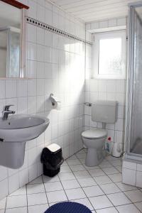 een witte badkamer met een wastafel en een toilet bij Ferienwohnung Kutschenmeyer in Schneverdingen