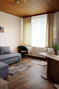 - un salon avec un canapé et une fenêtre dans l'établissement Ferienwohnung Kutschenmeyer, à Schneverdingen