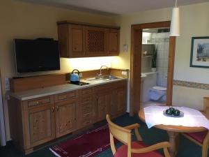 a kitchen with a sink and a table and a tv at Ferienwohnung Baldauf in Riedenburg