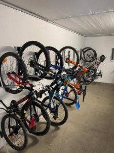 a group of bikes parked in a garage at Appartements Römerhof Superior - Kärnten Card im Sommer inklusive in Bad Kleinkirchheim