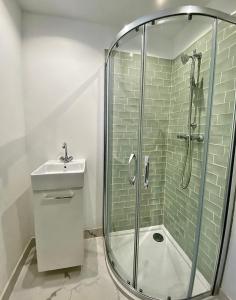 y baño con ducha y lavamanos. en Propriété Malva appartement agava, en Alata