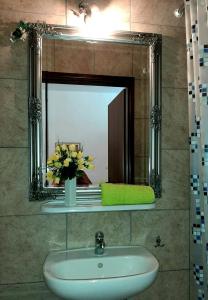 a bathroom sink with a mirror and a vase of flowers at Apartments Luxor in Rogoznica