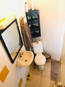 een badkamer met een toilet, een wastafel en een spiegel bij CarthagŌ in Mbour