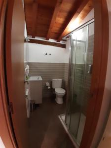 a bathroom with a toilet and a glass shower at Vivienda Turistica La Catedral in Santo Domingo de la Calzada