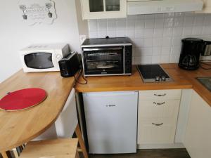 een keuken met een aanrecht met een broodrooster, een oven en een magnetron bij Studio des Stuarts in Dol-de-Bretagne