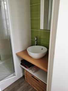 uma casa de banho com um lavatório e um espelho em Studio des Stuarts em Dol-de-Bretagne
