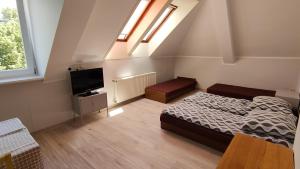 a bedroom with a bed and a tv in it at Pokoje blisko morza przy promenadzie in Kołobrzeg +17 photos