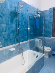 een blauw betegelde badkamer met een douche en een toilet bij La Fontanella Apartment in Taormina