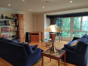 a living room with two blue couches and a lamp at VILLA OSTRERA in Suances