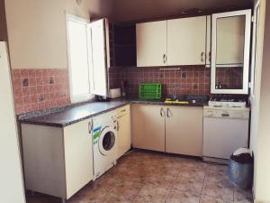 a kitchen with white cabinets and a washer and dryer at Dove Apart Hotel in Fethiye