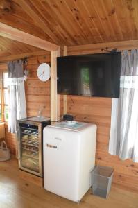 a room with a refrigerator and a flat screen tv at Ferienhaus Andrea in Sankt Johann im Saggautal