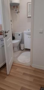 a white bathroom with a toilet and a sink at Butas Senamiestyje Vytauto 7-4 in Rokiškis