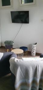 sala de estar con sofá, mesa y TV en Meublé chez Gilbert en Le Tampon
