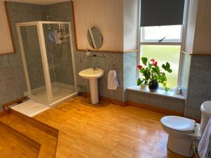 uma casa de banho com um chuveiro, um lavatório e um WC. em Ardmhor Guest House em Oban