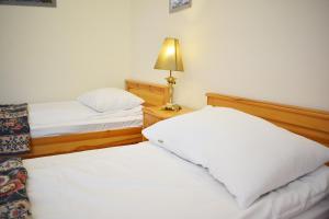 ザコパネにあるWilla Pasjaのベッドルーム1室(ベッド2台、テーブルの上にランプ付)