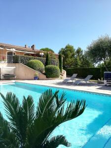 uma piscina com uma palmeira em frente a uma casa em L’Antre d’Eux em Carcassonne