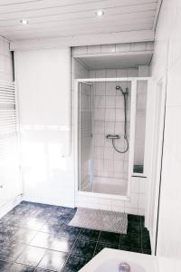 ein Bad mit einer Dusche und einem Waschbecken in der Unterkunft Klärchen's Stube in Telgte