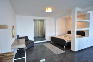 een slaapkamer met een bed, een bank en een bureau bij Sunset Apartment Lagadin in Ohrid