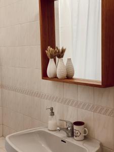 a bathroom sink with a mirror and vases on a shelf at Casa dos Pinheiros in São Pedro de Moel