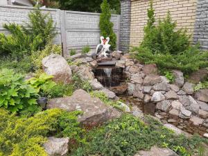 een hond op een fontein in een tuin bij Zhyttedar in Ulanov