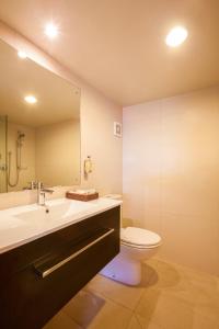a bathroom with a toilet and a sink and a mirror at Cranbury Court Apartments in Queenstown