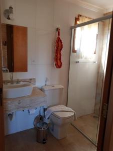 a bathroom with a toilet and a sink at Pousada Canto do Sabiá in Monte Verde