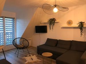 a living room with a couch and a tv at Chez Edwige à Cabourg thalasso plage WIFI in Cabourg