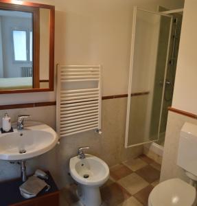 a bathroom with a sink and a toilet and a shower at Bed & Breakfast Valtellina in Castione Andevenno