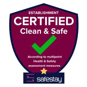 a shield sign with the words certified cleaner and safe at Safestay Athens Monastiraki in Athens