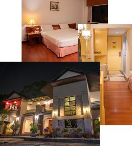 dos fotos de un dormitorio y una casa en โรงแรม เพนท์เฮ้าส์ รีสอร์ท เบตง, en Betong