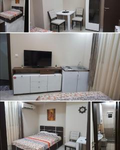 two pictures of a room with a bed and a table at Studio apartman - Centar in Tivat