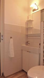 ein weißes Bad mit einem Waschbecken und einem WC in der Unterkunft Apartmán Pernink in Pernink
