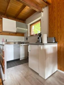 a kitchen with white appliances and a wooden ceiling at Herzstück in Todtnauberg