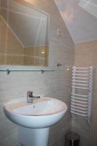 a bathroom with a sink and a glass shower at Zajazd Podlesie in Chociwel