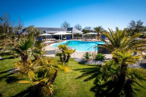 une image d'une piscine bordée de palmiers dans l'établissement M&V Resort Camping, à Langrune-sur-Mer