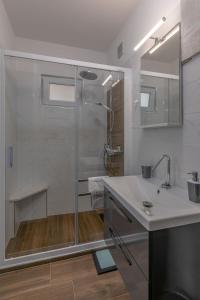uma casa de banho com uma cabina de duche em vidro e um lavatório. em Arena Blue Dream - modern apartment with terrace em Pula