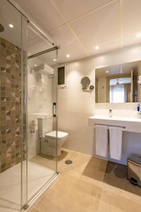 ein Bad mit einer Dusche, einem WC und einem Waschbecken in der Unterkunft Hotel Zeus in Málaga