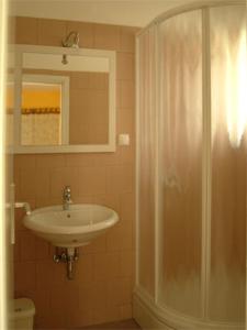a bathroom with a sink and a shower with a mirror at Apartments Stari Pavle in Brela