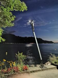 a person is standing on a pole by the water at Hotel California in Montreux