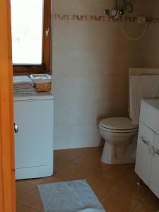 a bathroom with a toilet and a sink and a window at Piliscsévi Vendégház in Piliscsév