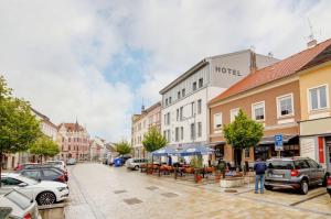 een stadsstraat met geparkeerde auto's en gebouwen bij Hotel Koflík in Strakonice