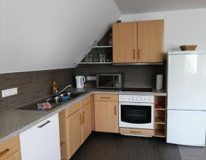 a kitchen with a sink and a white refrigerator at Ferienhaus Niesky in Niesky