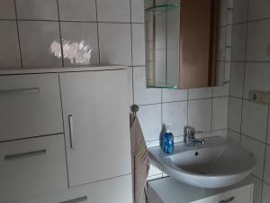 a white bathroom with a sink and a mirror at Ferienwohnung auf den Bauernhof in Tauscha
