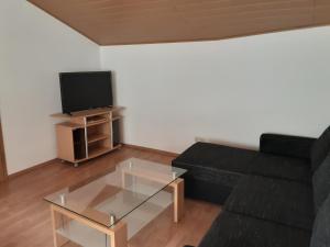 a living room with a black couch and a tv at Ferienwohnung auf den Bauernhof in Tauscha
