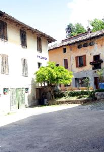 Albergo Diffuso Polcenigo D. Brolo في Polcenigo: مبنى قديم وامامه شجرة