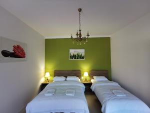 Habitación con 2 camas, paredes verdes y lámpara de araña. en Ambient Deluxe Apartman, en Gyula