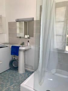 een witte badkamer met een wastafel en een douche bij Gite de Mauxe in Acquigny